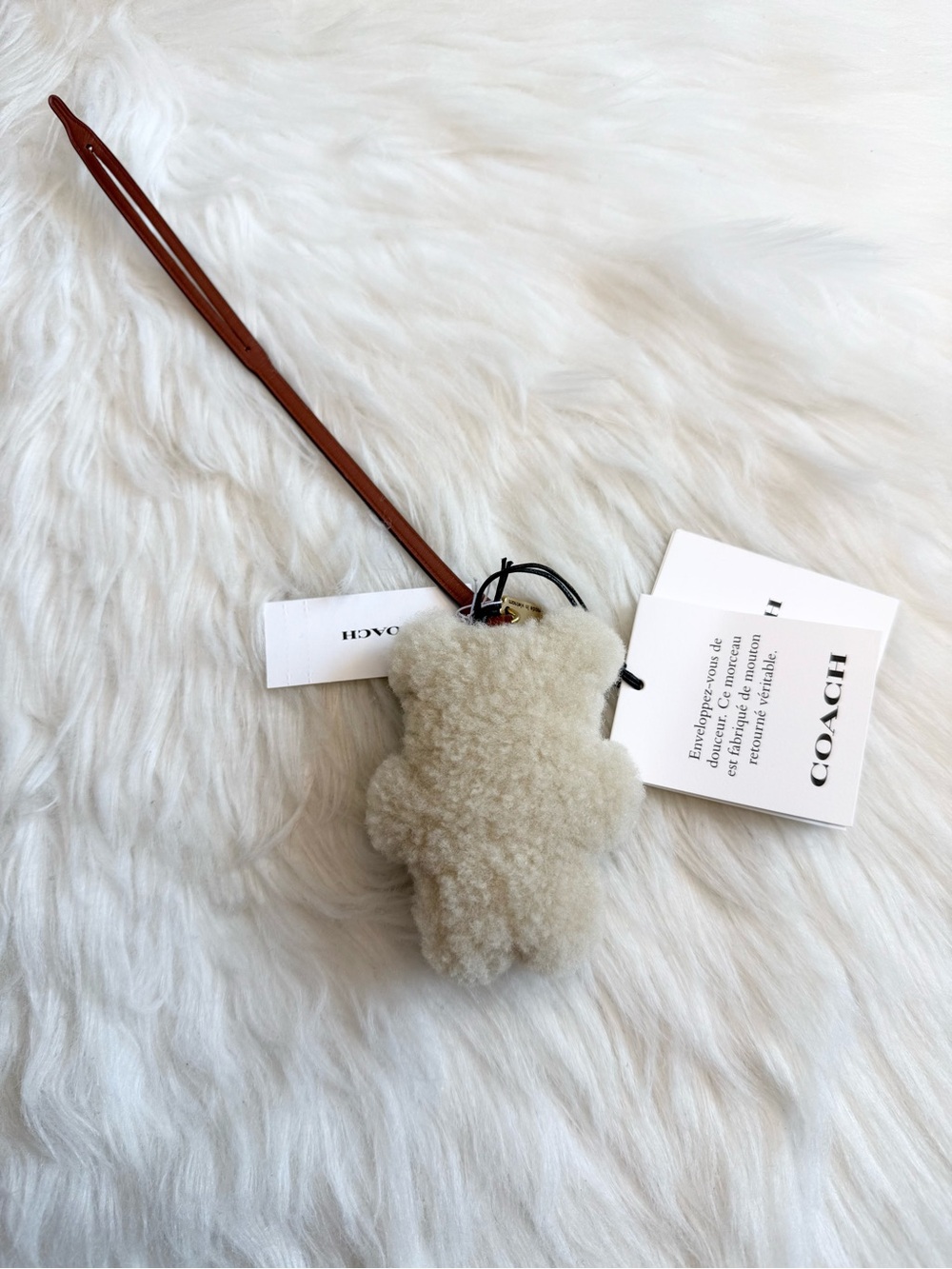 Coach Cream Shearling Bear Key/Bag Charm with Brown Leather Strap